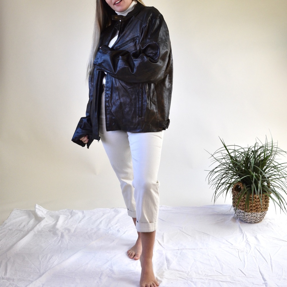 Oversized brown leather jacket